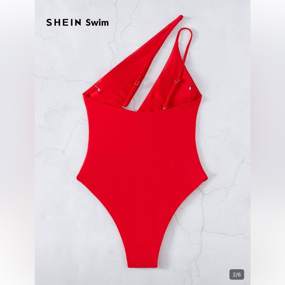 SHEIN Red One-Shoulder Deep V One-Piece Swimsuit - Picture 3 of 6